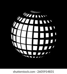 Abstract black and white spherical grid pattern with distorted lines forming a 3D illusion effect, on a plain black background. Concept of optical illusion. Vector illustration