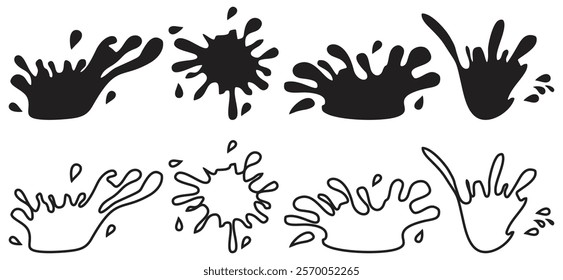 Abstract Black and White Splatter Patterns with Unique Shapes. Isolated On Transparent Background.