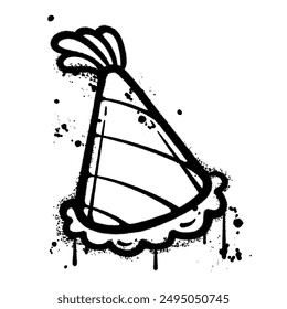 An abstract black and white spray paint illustration of a party hat with drips and splatters.