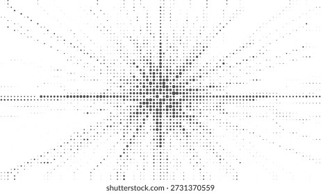 Fondo Abstractas del Vector del estallido estelar blanco y negro con el patrón radiante de los puntos del semitono conveniente para los diseños limpios de la tecnología minimalista