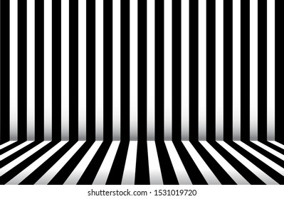 Abstract Black and white stripe background. Room studio with black and with wall and floor line design, illustration - vector