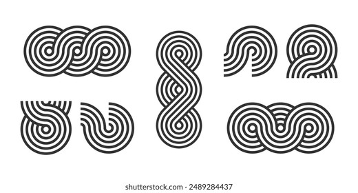 abstract black white stripe line. geometric pattern icon set. loop design elements. retro styled infinity concept.