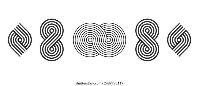 abstract black white stripe line. geometric pattern icon set. loop design elements. retro styled infinity concept.