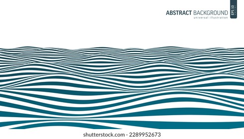 Resumen de ondas 3d rayadas en blanco y negro. Ilusión óptica vectorial. El océano, el arte marino. Papel de fondo dinámico de arte de op. lineal. Ilustración monocroma del efecto de tormenta