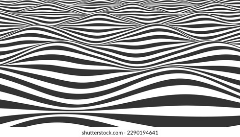 Abstract black and white striped 3d waves. Vector optical illusion. Ocean, sea art pattern. Linear op art dynamic wallpaper. Storm effect backdrop monochrome illustration. Lines in perspective, retro