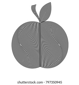 Abstract black and white striped apple. Geometric pattern with visual distortion effect. Illusion of rotation. Op art.