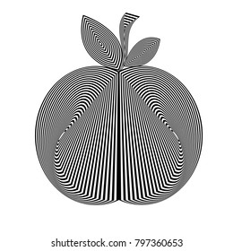 Abstract black and white striped apple. Geometric pattern with visual distortion effect. Illusion of rotation. Op art.