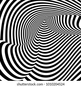 Abstract black and white striped background. Geometric pattern with visual distortion effect. Illusion of rotation. Op art.