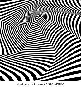 Abstract black and white striped background. Geometric pattern with visual distortion effect. Optical illusion. Op art.