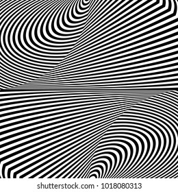 Abstract black and white striped background. Geometric pattern with visual distortion effect. Illusion of rotation. Op art.