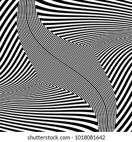Abstract black and white striped background. Geometric pattern with visual distortion effect. Illusion of rotation. Op art.