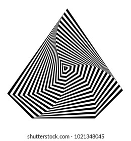 Abstract black and white striped background. Geometric polygonal object with visual distortion effect. Optical illusion. Op art.