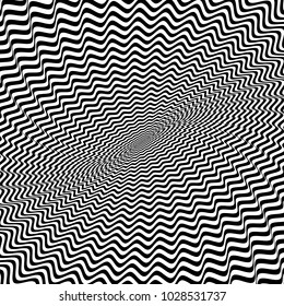 Abstract black and white striped background. Geometric pattern with visual distortion effect. Illusion of rotation. Op art.