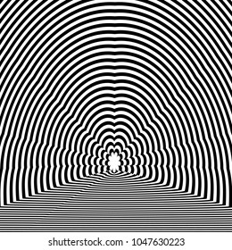 Abstract black and white striped background. Geometric pattern with visual distortion effect. Illusion of rotation. Op art.