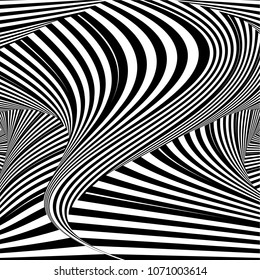 Abstract black and white striped background. Geometric pattern with visual distortion effect. Illusion of rotation. Op art.

