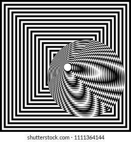 Abstract black and white striped background. Geometric pattern with visual distortion effect. Optical illusion. Op art.