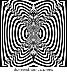 Abstract black and white striped background. Geometric pattern with visual distortion effect. Illusion of rotation. Op art.