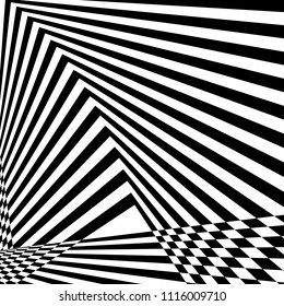 Abstract black and white striped background. Geometric pattern with visual distortion effect. Optical illusion. Op art.