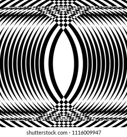 Abstract black and white striped background. Geometric pattern with visual distortion effect. Optical illusion. Op art.