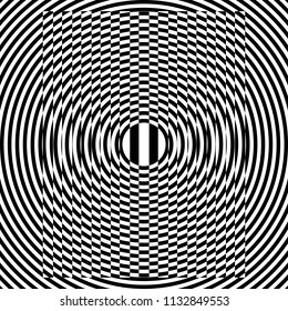 Abstract black and white striped background. Geometric pattern with visual distortion effect. Illusion of rotation. Op art.