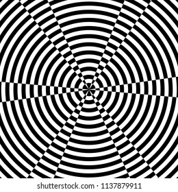 Abstract black and white striped background. Geometric pattern with visual distortion effect. Optical illusion. Op art.