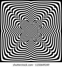 Abstract black and white striped background. Geometric pattern with visual distortion effect. Optical illusion. Op art.