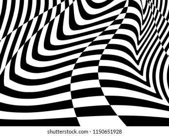 Abstract black and white striped background. Geometric pattern with visual distortion effect. Optical illusion. Op art.