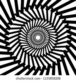 Abstract black and white striped background. Geometric pattern with visual distortion effect. Illusion of rotation. Op art.