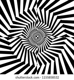 Abstract black and white striped background. Geometric pattern with visual distortion effect. Illusion of rotation. Op art.