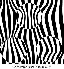 Abstract black and white striped background. Geometric pattern with visual distortion effect. Optical illusion. Op art.