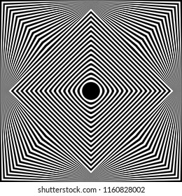 Abstract black and white striped background. Geometric pattern with visual distortion effect. Optical illusion. Op art.