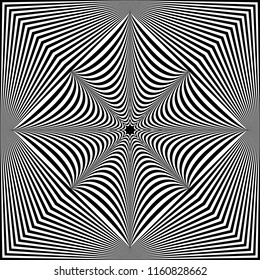 Abstract black and white striped background. Geometric pattern with visual distortion effect. Illusion of rotation. Op art.