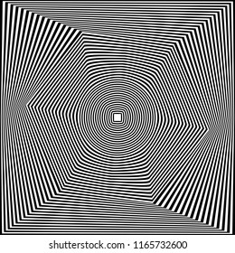 Abstract black and white striped background. Geometric pattern with visual distortion effect. Optical illusion. Op art.