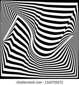 Abstract black and white striped background. Geometric pattern with visual distortion effect. Optical illusion. Op art.