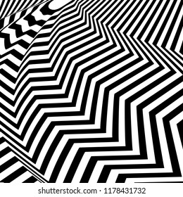 Abstract black and white striped background. Geometric pattern with visual distortion effect. Illusion of rotation. Op art.

