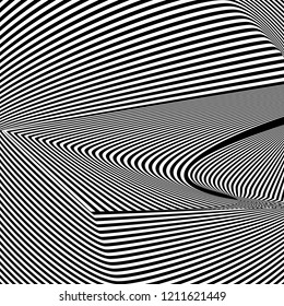 Abstract black and white striped background. Geometric pattern with visual distortion effect. Optical illusion. Op art.