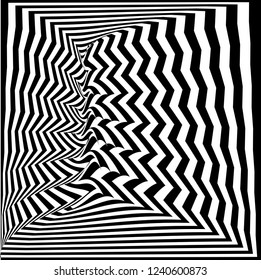 Abstract black and white striped background. Geometric pattern with visual distortion effect. Optical illusion. Op art.