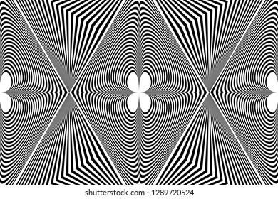 Abstract black and white striped background. Geometric pattern with visual distortion effect. Optical illusion. Op art.