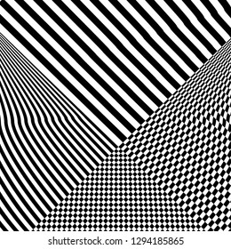 Abstract black and white striped background. Geometric pattern with visual distortion effect. Optical illusion. Op art.