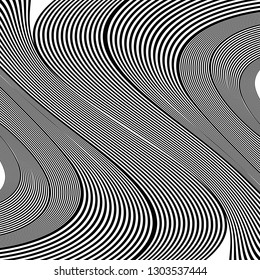 Abstract black and white striped background. Geometric pattern with visual distortion effect. Optical illusion. Op art.