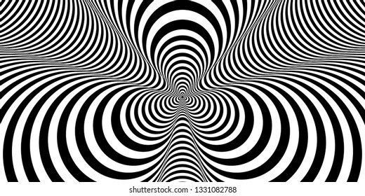 Abstract black and white striped background. Hypnotic trance texture. Op art monochrome abstraction. Psychedelic illusive illustration.