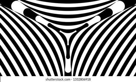 Abstract black and white striped background. Hypnotic trance texture. Op art monochrome abstraction. Psychedelic illusive illustration.
