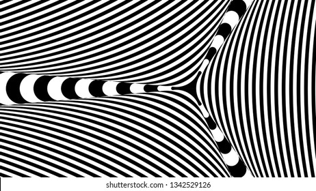 Abstract black and white striped background. Hypnotic trance texture. Op art monochrome abstraction. Psychedelic illusive illustration.