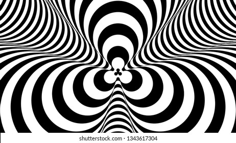 Abstract black and white striped background. Hypnotic trance texture. Op art monochrome abstraction. Psychedelic illusive illustration.