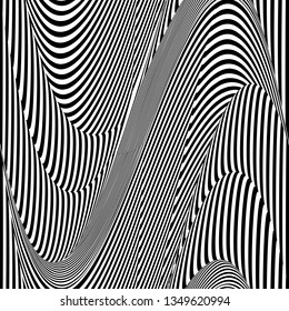Abstract black and white striped background. Geometric pattern with visual distortion effect. Optical illusion. Op art.