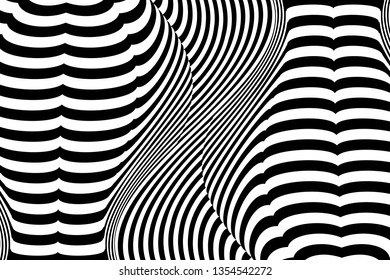 Abstract black and white striped background. Geometric pattern with visual distortion effect. Optical illusion. Op art.
