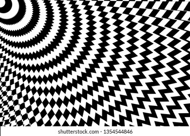 Abstract black and white striped background. Geometric pattern with visual distortion effect. Optical illusion. Op art.