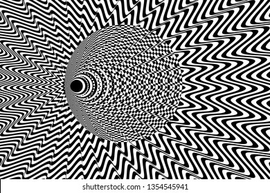 Abstract black and white striped background. Geometric pattern with visual distortion effect. Optical illusion. Op art.