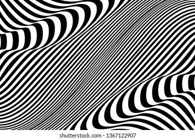 Abstract black and white striped background. Geometric pattern with visual distortion effect. Optical illusion. Op art.
