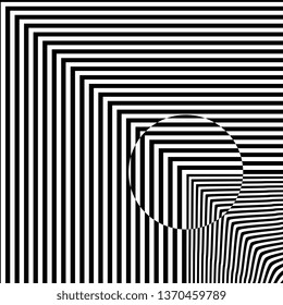 Abstract black and white striped background. Geometric pattern with visual distortion effect. Optical illusion. Op art.